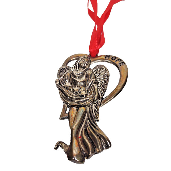 VTG Lenox Silver Plated Angel Christmas Ornament HOPE w Red Ribbon 3.25” - Picture 6 of 6